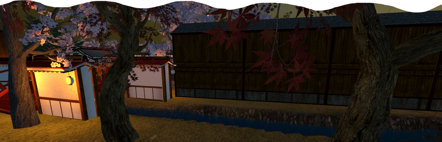 Screenshot in het donker met links witte huizen die door lampionnen zijn verlicht en rechts een groot donker huis. Op de voorgrond zijn bomen met roze bloesem